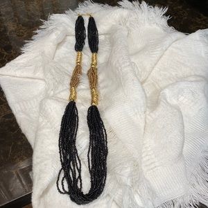Black, tan and gold seed beaded necklace Gold brass accents